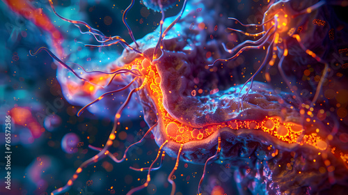 Synaptic junction within a rat's brain, with neurotransmitters visualized as glowing particles crossing the synapse. The scene captures the moment of neurotransmission.