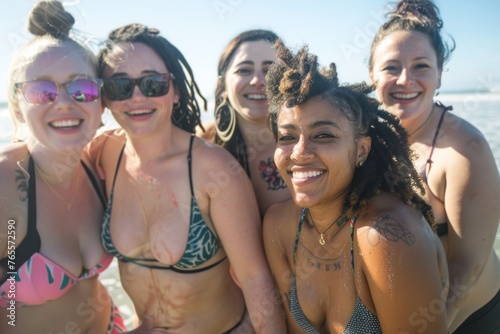 A jovial group of young women enjoy a vibrant day at the beach, united in friendship and the joy of the moment