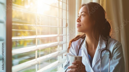 A thoughtful healthcare professional taking a peaceful moment to enjoy a break and reflect by a sunlit window photo