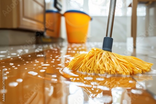 A vivid image of a yellow mop absorbing water spills on an orange tiled kitchen floor
