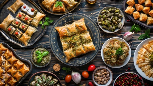 Turkish Dessert Sobiyet Baklava, mussels baklava and classic baklava with Pistachio . Cevizli, Fistikli Baklava, top view. photo