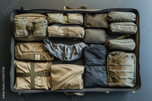 A traveler's suitcase with clothes neatly organized into packing cubes and compartments for efficient packing photo