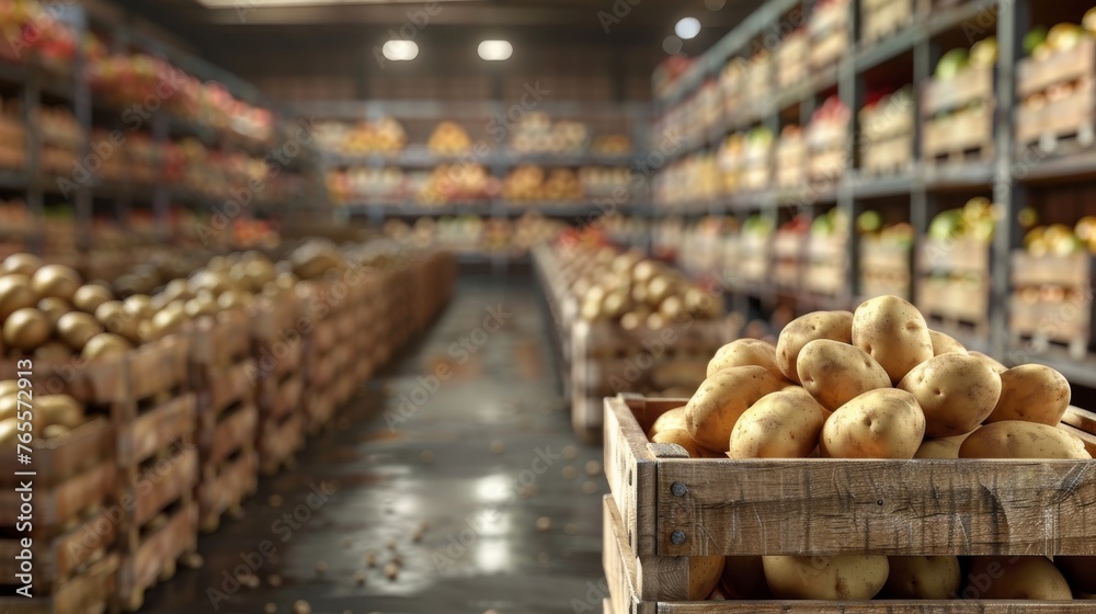 Shallow depth of field shot of potatoes in a crate, rows of stocked shelves in a warehouse Shallow depth of field shot of potatoes in a crate, rows of stocked shelves in a warehouse