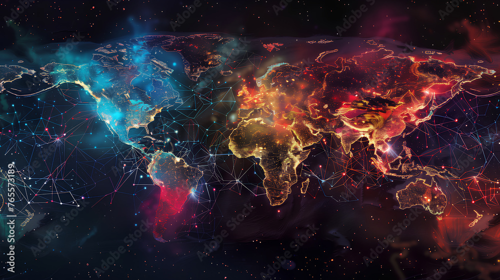 Digital Network Web Spanning Across the Globe
. A vibrant map depicts global connectivity and data flow with a network web overlaying the Earth at night.
