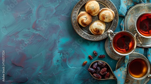 Turkish Ramazan concept with pita, tea and date, over blue background with copy space.  photo