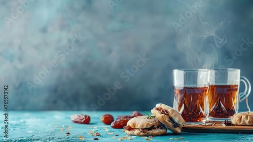 Turkish Ramazan concept with pita, tea and date, over blue background with copy space.  photo