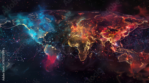 Digital Network Web Spanning Across the Globe . A vibrant map depicts global connectivity and data flow with a network web overlaying the Earth at night. 
