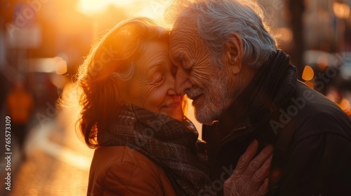 An affectionate moment captured between two seniors sharing a kiss amid a bustling city backdrop, showcasing timeless love