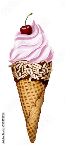 pink ice cream in a cone with chocolate and sprinkles. cherry. illustration, imitation watercolor.