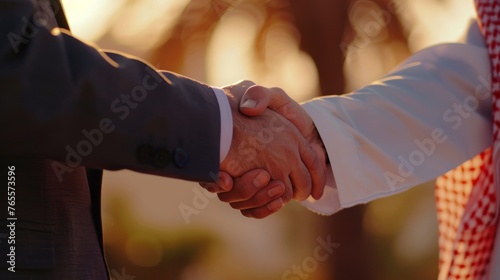 A warm handshake between a man in Western dress and a man in an Arab thawb against a sunset backdrop highlights unity