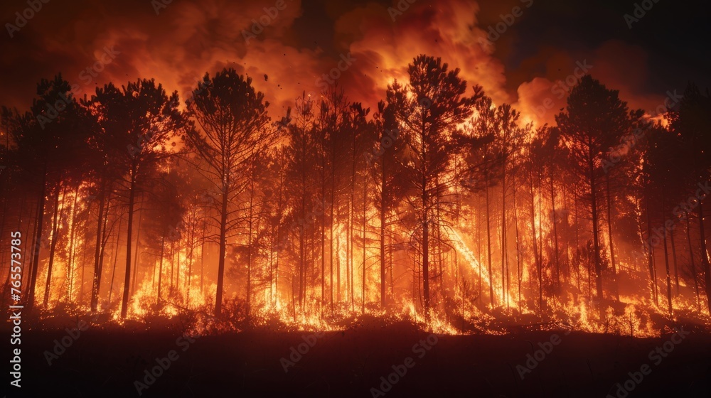 The destructive power of nature captured as a wildfire engulfs a forest, illuminating the night with a haunting orange glow