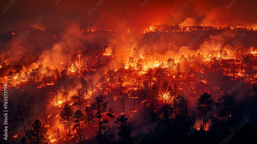 An image showcasing the terrifying beauty of a nighttime wildfire spreading rapidly across a dense forest