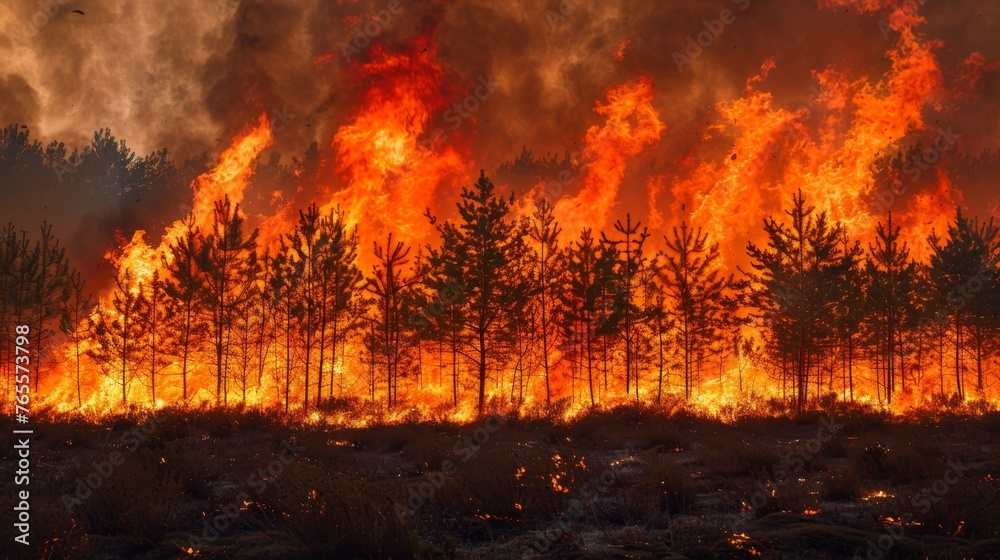 A gripping visual of a massive wildfire with sky-reaching flames devastating the forest under a smoke-filled atmosphere