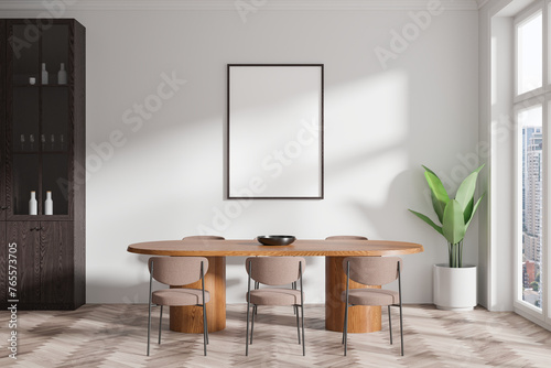 Modern home living room interior with table and chairs, window. Mockup frame