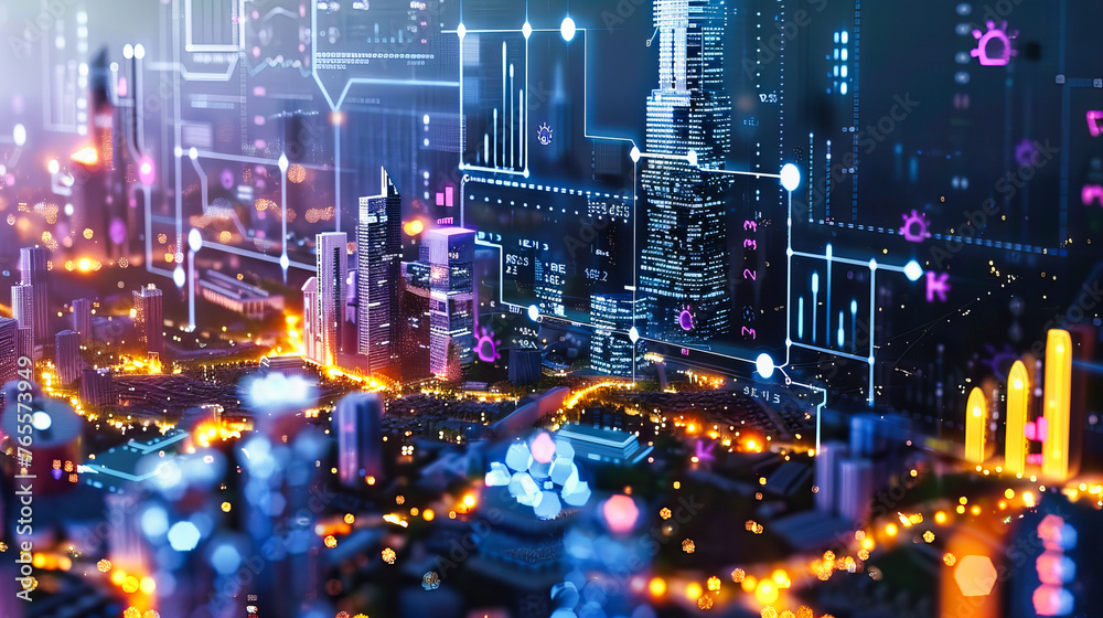 Digital cityscape with futuristic technology overlay, illustrating the dynamic blend of urban development and digital innovation