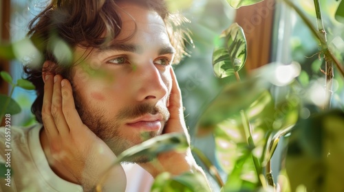 A serene setting showcasing a man in a contemplative state, surrounded by a plethora of lush indoor plants and sunlight photo