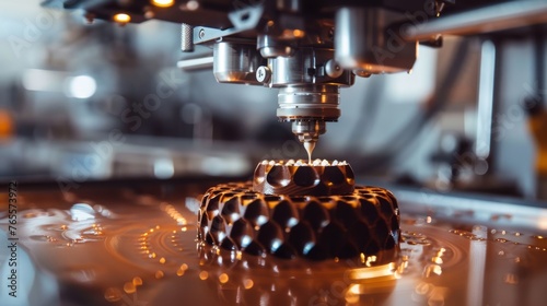 A 3D printing machine meticulously crafts an artistic, porous chocolate dessert with precision technology