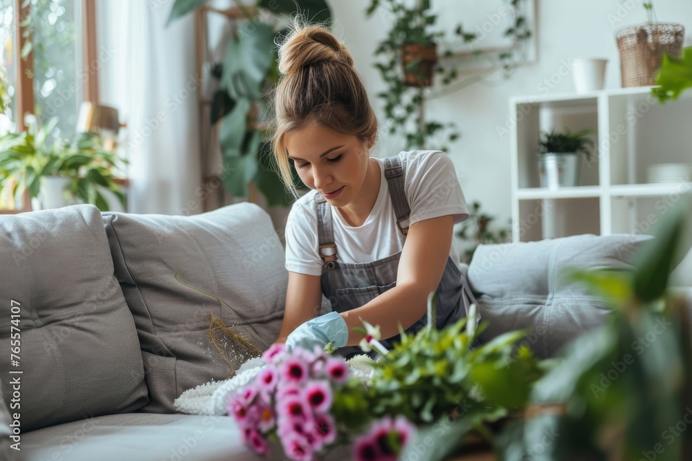 A focused woman arranges a bouquet of flowers on her sofa, creating a homely and creative atmosphere A focused woman arranges a bouquet of flowers on her sofa, creating a homely and creative atmosphere