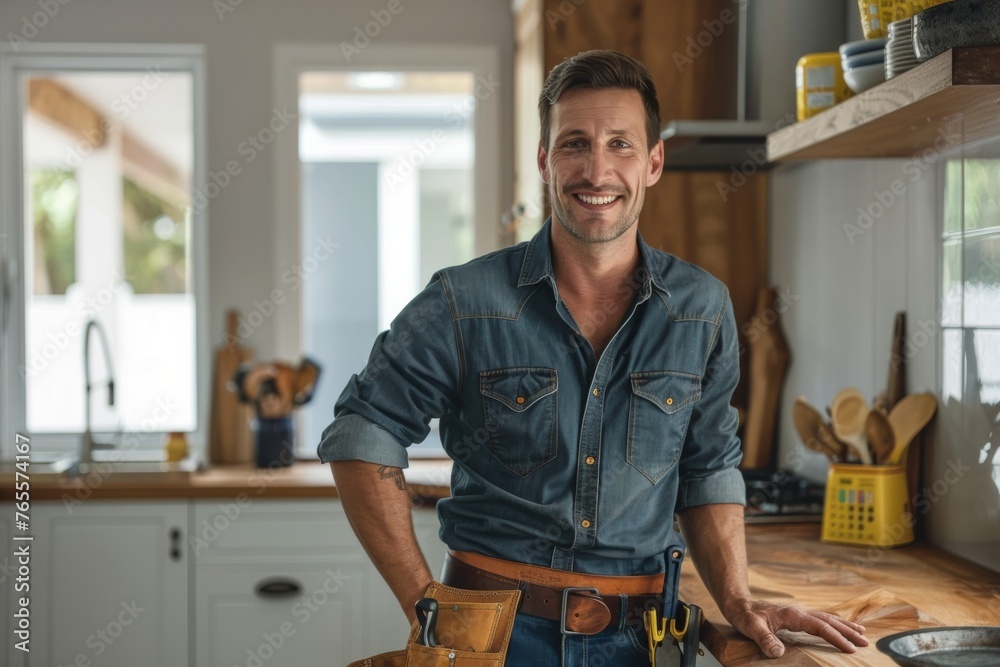 A cheerful man in casual denim attire stands with hands on hip, sporting a tool belt in a kitchen setting