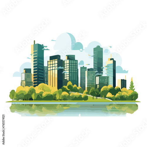 City with buildings and nature urban scenery at sun