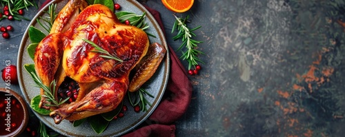 roasted chicken adorned with cranberries and herbs on cast iron pan for a holiday feast