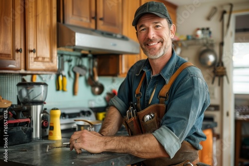 Confident mature contractor with a smile posing in a kitchen with tools and overalls