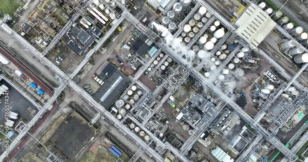Top down birds eye aerial drone view on the chemical industry, storage containers, smoke, pipes, lines, tanks, resevoirs, smoke stacks, heavy industry in operation. Facility and installation. Top down birds eye aerial drone view on the chemical industry, storage containers, smoke, pipes, lines, tanks, resevoirs, smoke stacks, heavy industry in operation. Facility and installation.