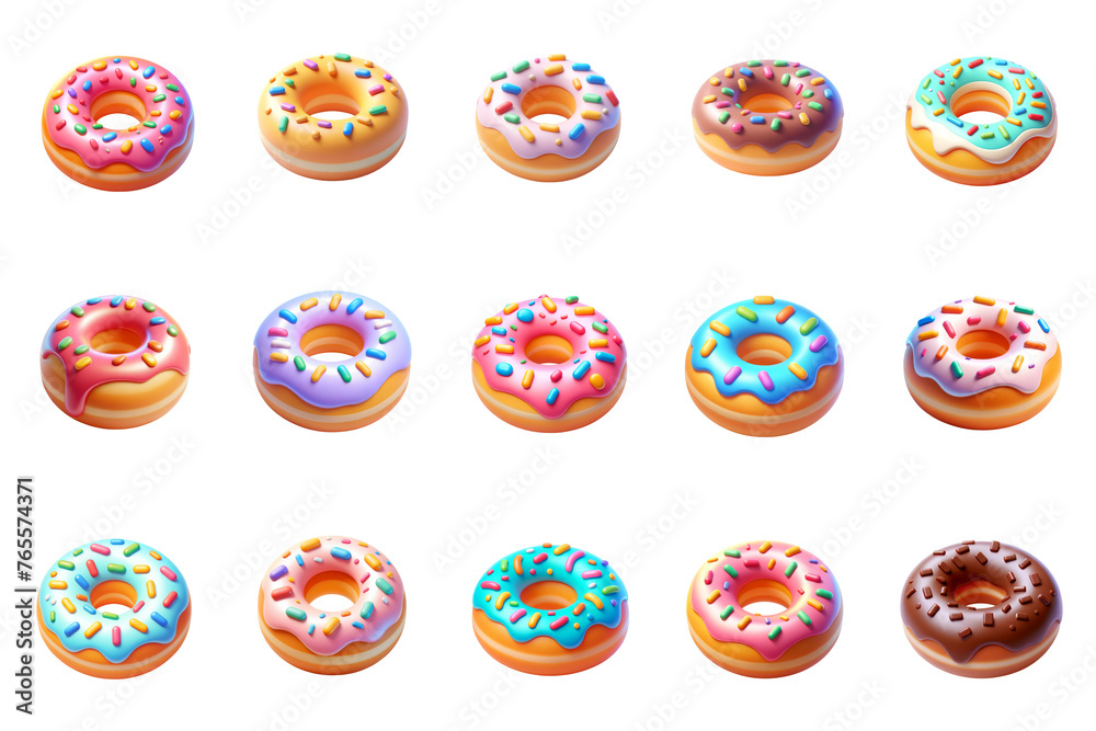 3d illustration of assorted colorful donuts with different icing and sprinkles.