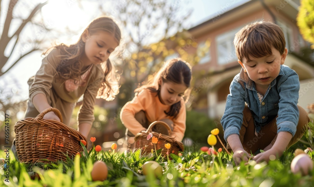 Young girl with a basket collecting Easter eggs in a springtime garden