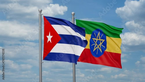 Ethiopia and Cuba two flags waving together, looped video, two country relations concept photo