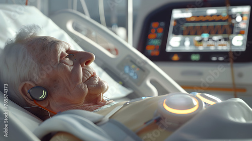 Patient resting in a hospital bed, wearing a heart monitor with three white circular sensors.