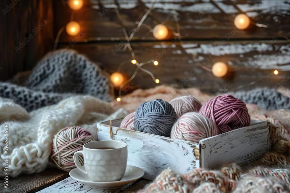 soft colored woolen yarn balls in a white wooden box on a rustic wooden table, still life soft colored woolen yarn balls in a white wooden box on a rustic wooden table, still life