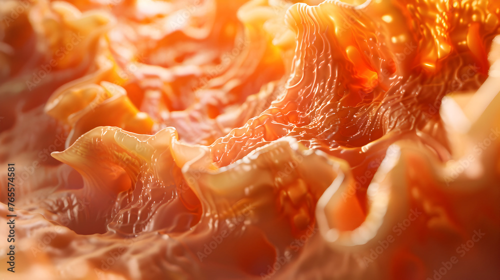 Inside the human stomach, showing the rippling texture of the stomach lining, bathed in a warm, reddish glow. The scene captures the motion of gastric fluids and partially digested food. - obrazy, fototapety, plakaty 