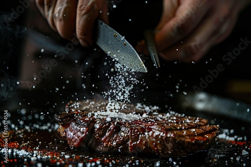 The concept of cooking meat. The chef cooks salt on the cooked steak on a black background