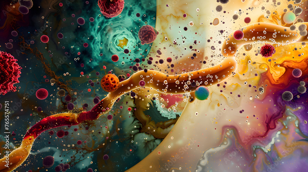 Rendition of gastric acid and enzymes at work, breaking down food