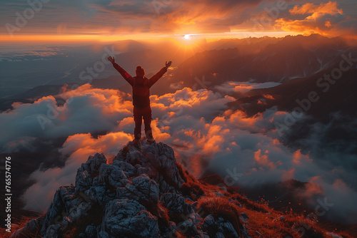 Hiker with Arms Raised on Mountain Summit at Sunrise