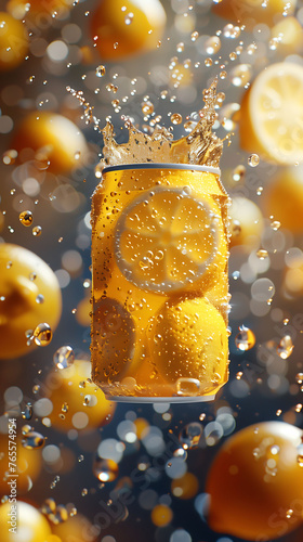 Yellow beverage cans aluminum can prototype lemon juice splash close-up