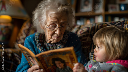 Portrait of grandmothers sharing stories to children ai