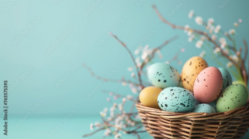a basket full of Easter eggs on a blue background