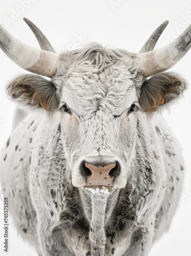Close up view of a white bull with prominent horns standing in a field