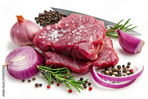 Raw Fresh Meat Beef Steak, Seasonings With Salt, Pepper, Rosemary Leaves And Red Onion, on white background