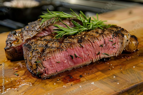 ribeye striploin and tenderloin steak on wooden chopping board. is rosemary on top of the meat