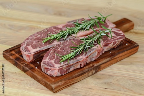 ribeye striploin and tenderloin steak on wooden chopping board. is rosemary on top of the meat 