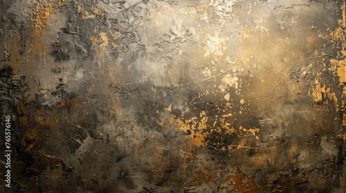 Aged metal surface with golden splashes, concept of weathered timelessness and textured history