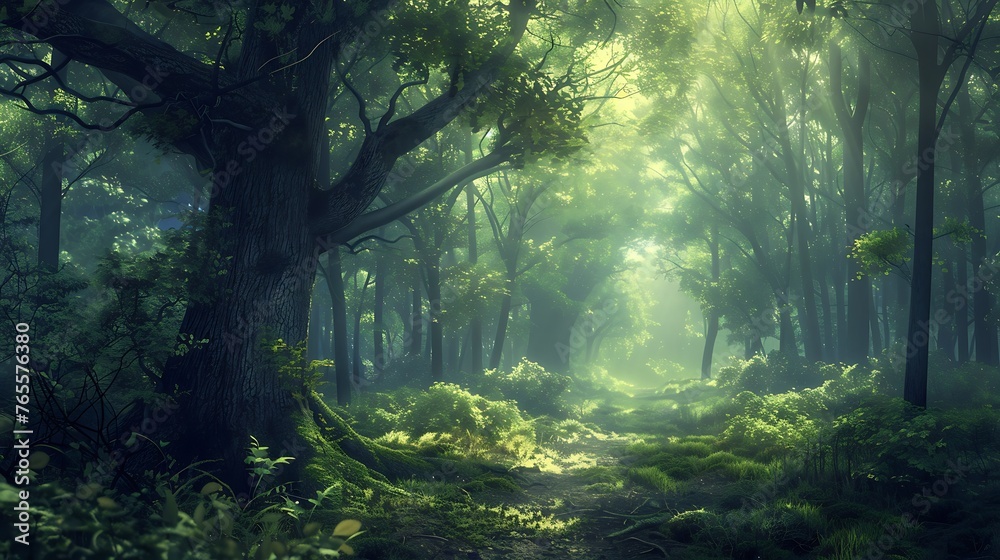 Mystical forest landscape capturing the beauty and magic of nature with a digital art style. Generative Ai - obrazy, fototapety, plakaty 