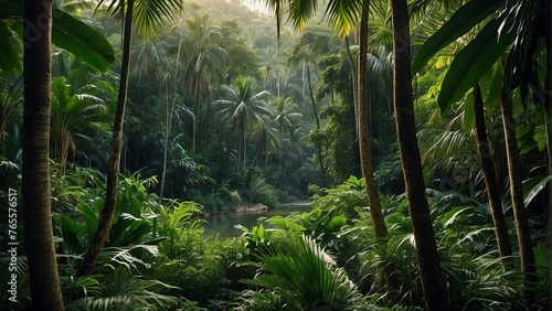 tropical forest in the jungle  tropical jungle with tropical green trees  green tropical landscape