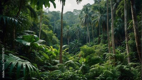 tropical forest in the jungle  tropical jungle with tropical green trees  green tropical landscape