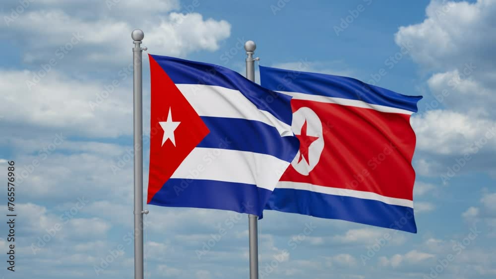 North Korea and Cuba two flags waving together, looped video North Korea and Cuba two flags waving together, looped video