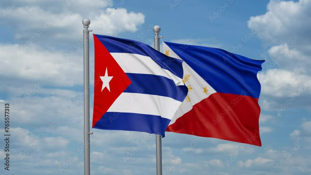 Philippines and Cuba two flags waving together, looped video, two country cooperation concept