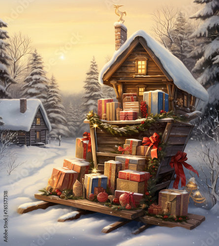 A picturesque scene of a snow-covered garden bench adorned with a stack of beautifully wrapped books, each one a thoughtful gift waiting to be exchanged under the twinkling lights of the holiday seaso